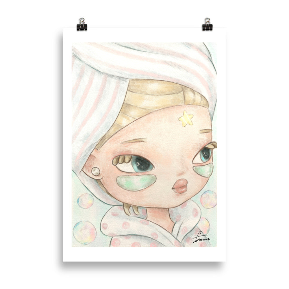 Cute EMZ character illustration surrounded by bubbles, kawaii playful girly art print