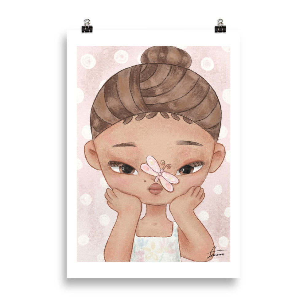 Cute EMZ character illustration with a dragonfly, kawaii girly art print