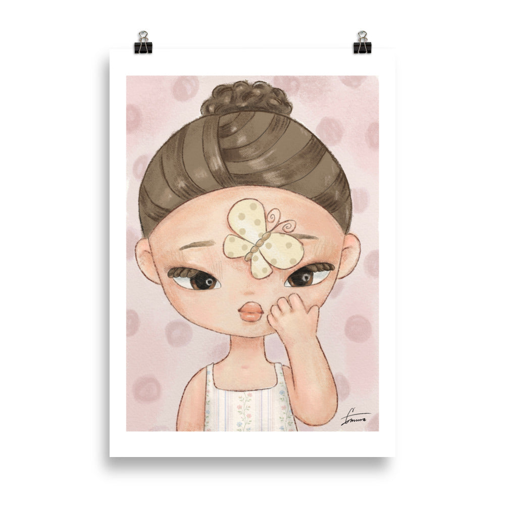 Cute EMZ character illustration with a butterfly, kawaii girly art print