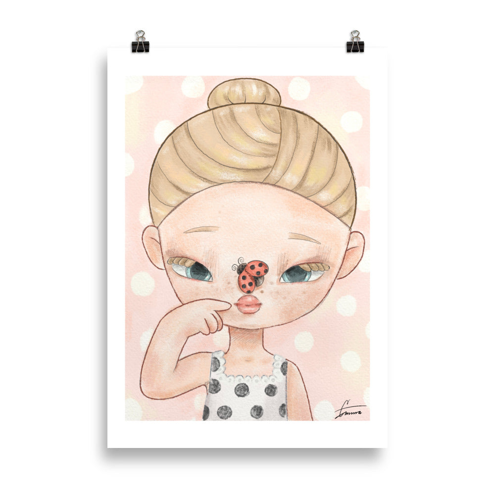 Cute EMZ character illustration with a ladybug, adorable kawaii art print