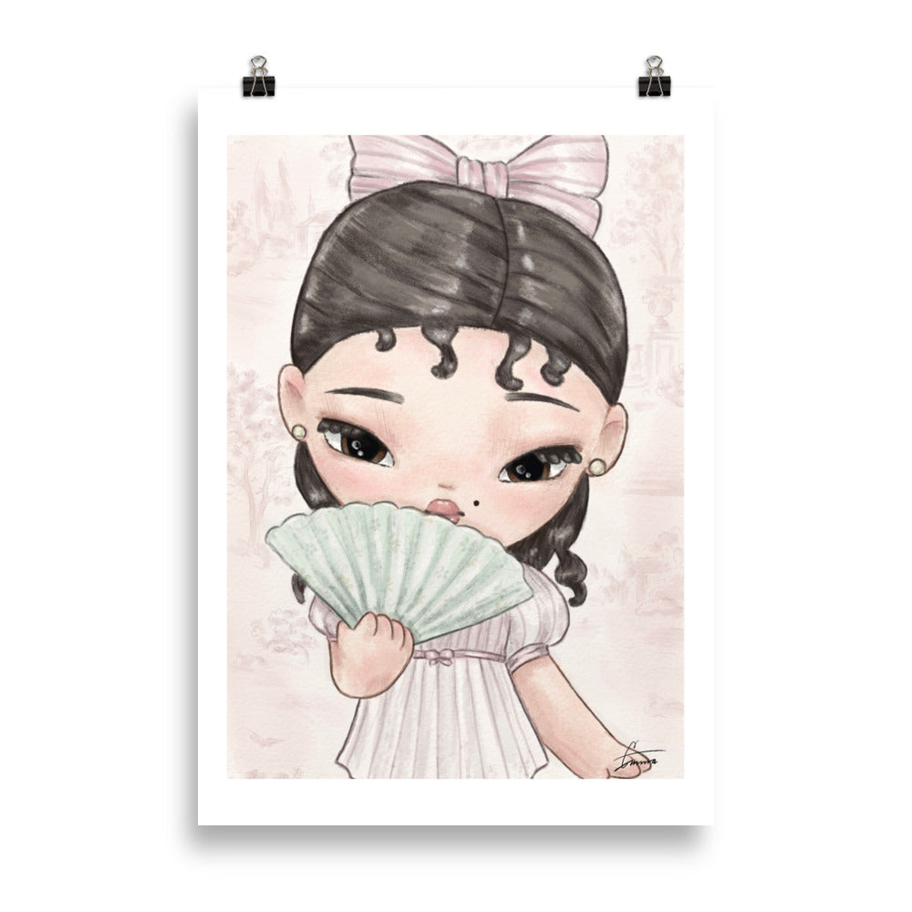 Cute EMZ character illustration holding a fan, adorable girly art print