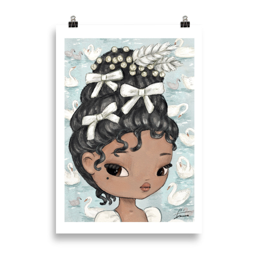 Cute EMZ character illustration in a blue coquette aesthetic outfit, girly art print