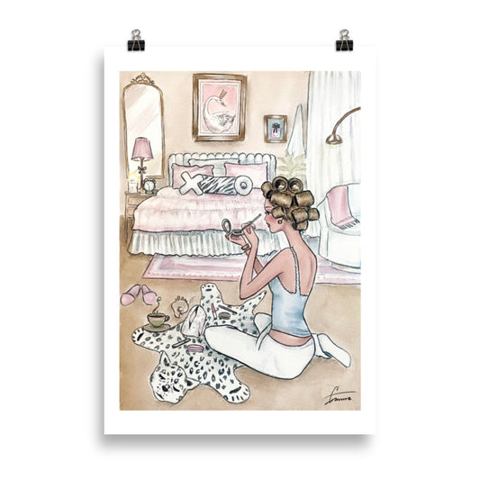 Dreamy hand-painted watercolor illustration of a pink chic -style bedroom. Girl doing her makeup on the floor with rollers in her hair. 