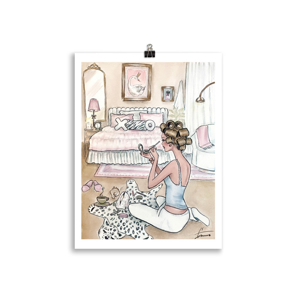 Dreamy hand-painted watercolor illustration of a pink chic -style bedroom. Girl doing her makeup on the floor with rollers in her hair. 