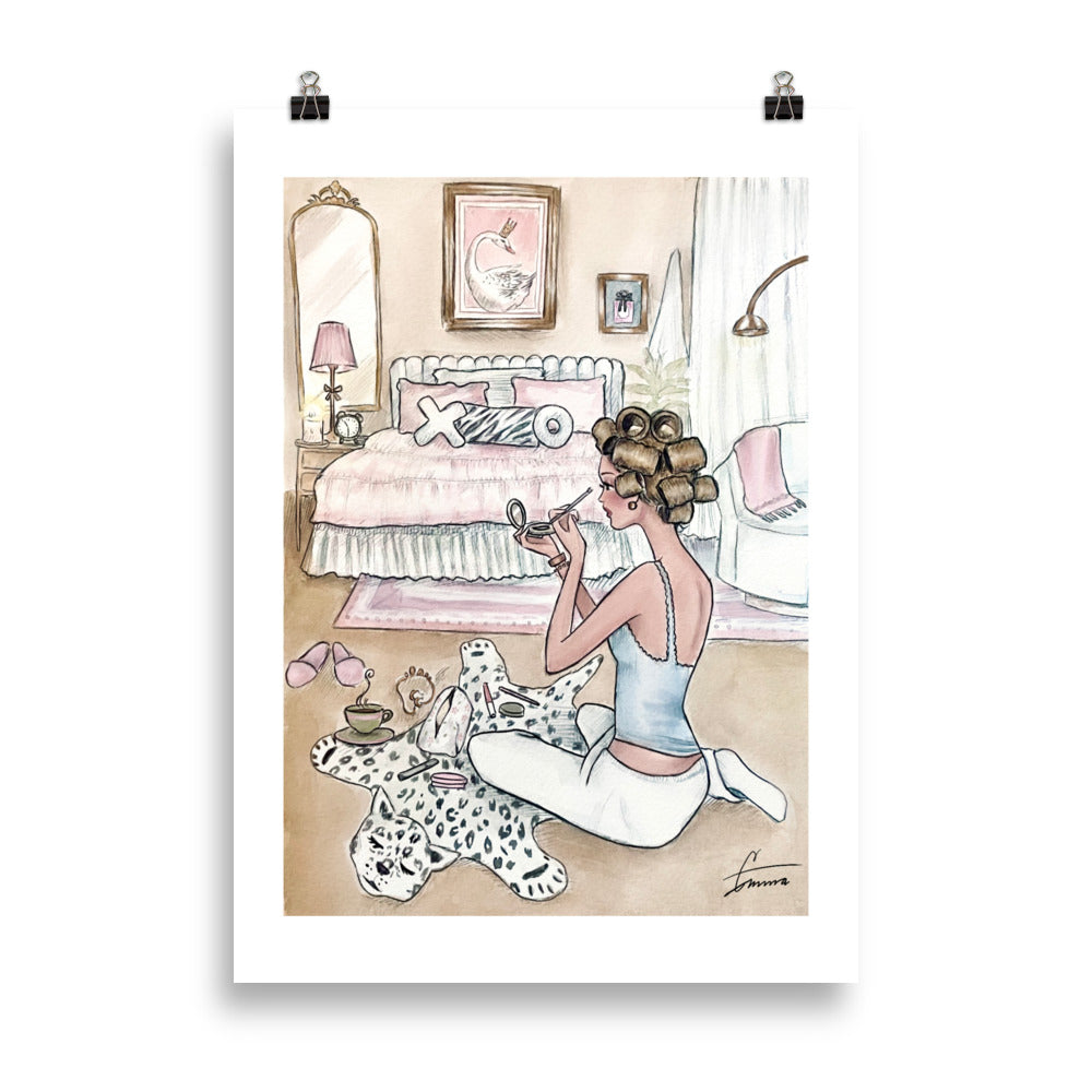 Dreamy hand-painted watercolor illustration of a pink chic -style bedroom. Girl doing her makeup on the floor with rollers in her hair. 